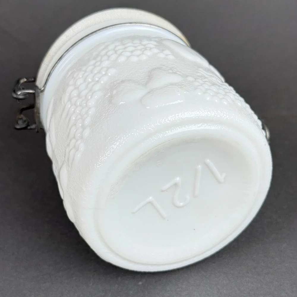 Vintage White Milk Glass 1/2L Canister Jar Clamp Bail Lid Grape Fruit Pattern